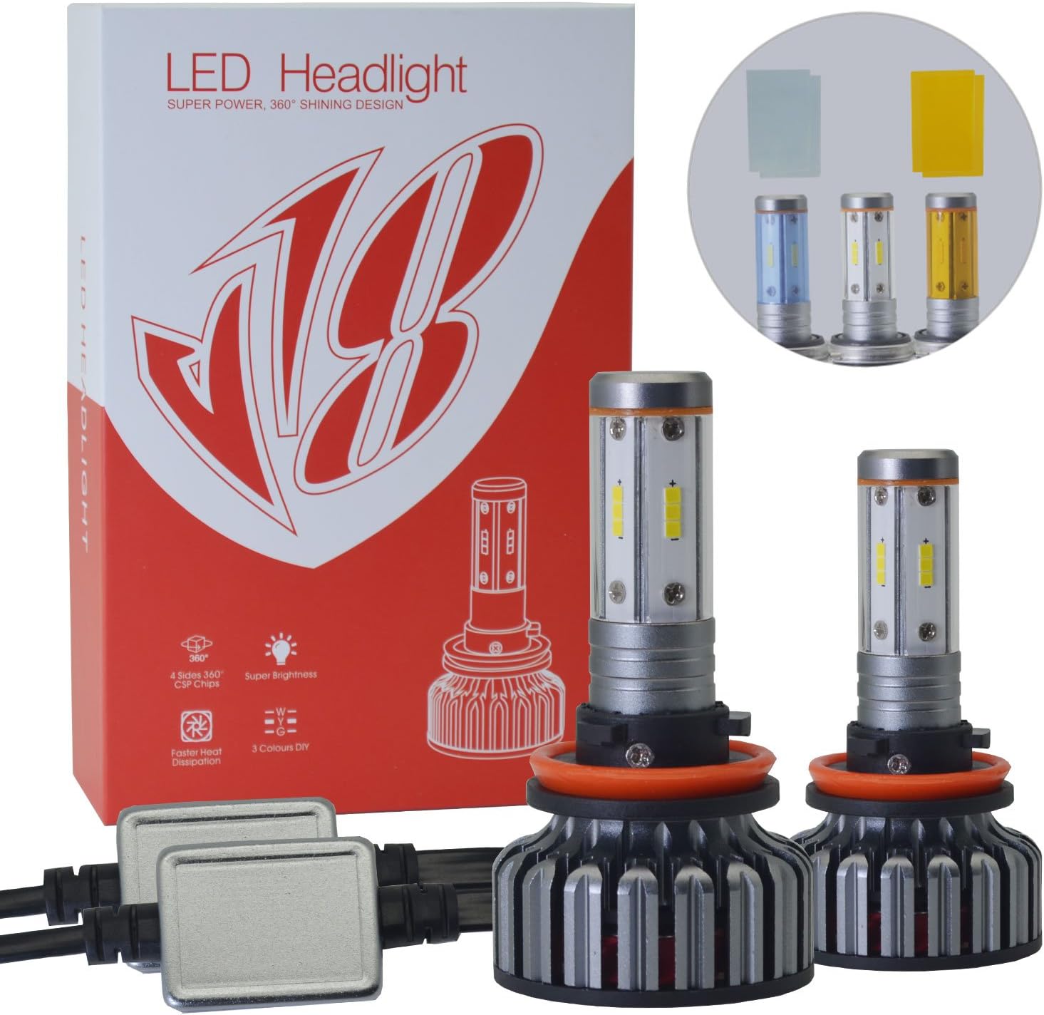 12000LM Super Bright 100W H11 H8 H9 LED Headlight Bulbs Conversion Kit 360 Degree High Low Beam for Car Lamp Replacement-Amber(3000K) /White(6000K) /Blue(8000K)-2 Pack 12months Warranty