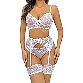 MIYALOVE Sexy Lingerie for Women,3 Piece Lace Lingerie Set Bra and Panty Sets with Garter Belt Babydoll Teddy
