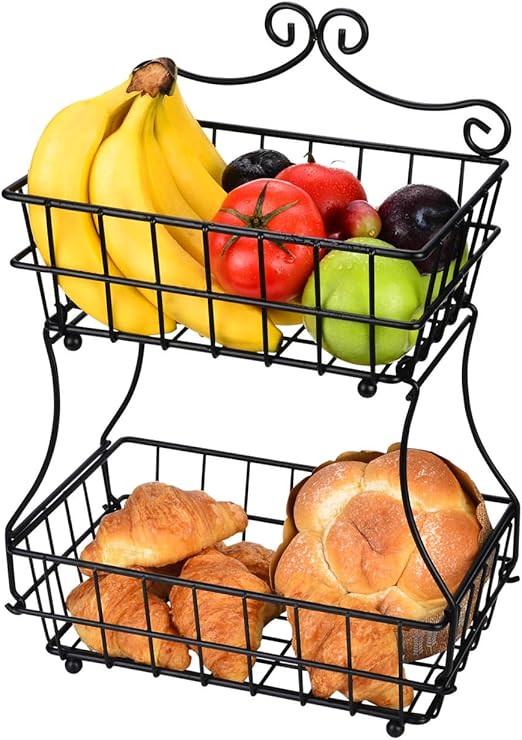 Amazon フルーツバスケット 2段 Linkfu ブレッドバスケット アイアン製 簡潔デザイン フルーツかご盛り 家庭用ラック フルーツ スタンド ストレージ用 壁掛け可能 果物かごもり お菓子 果物 小物収納かご キチン雑貨入り 北欧風 分解可能 フルーツ