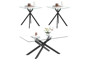 SYBRIOKA Black Glass Coffee Table Set of 3 Modern End Table Living Room Side Table, Geometric Metal Legs 39.4 Inch Clear Rectangle Center Cocktail Tables, Black