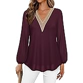 Bebonnie Women's Casual Long Sleeve Lace V Neck Double Layers Mesh Tunic Tops