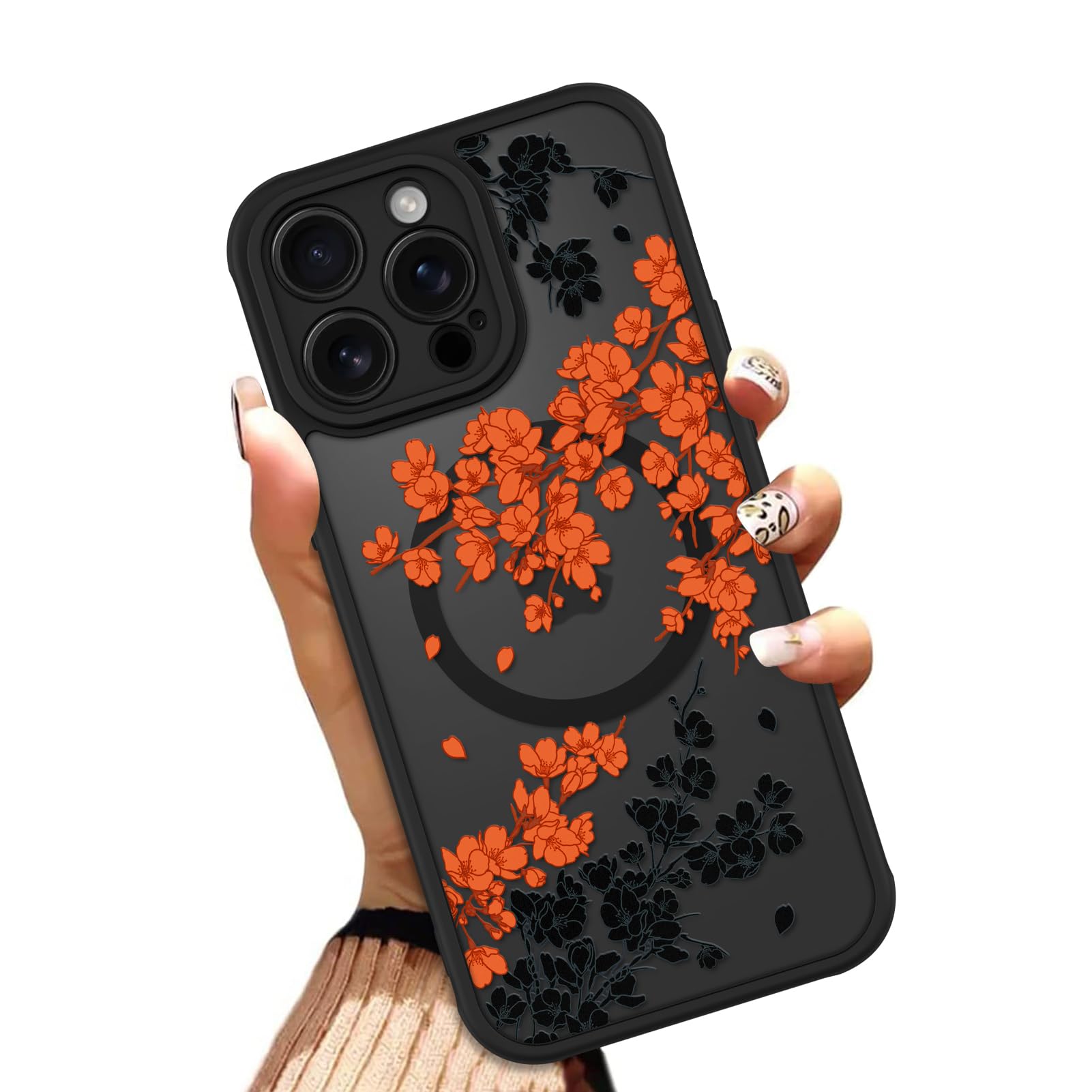 OOK Case for iPhone 14 Pro 6.1 Inch (Compatible with MagSafe) Orange Floral Flowers Phone Cover Soft TPU + Hard PC Anti-Scratch Shockproof Magnetic Case for Women