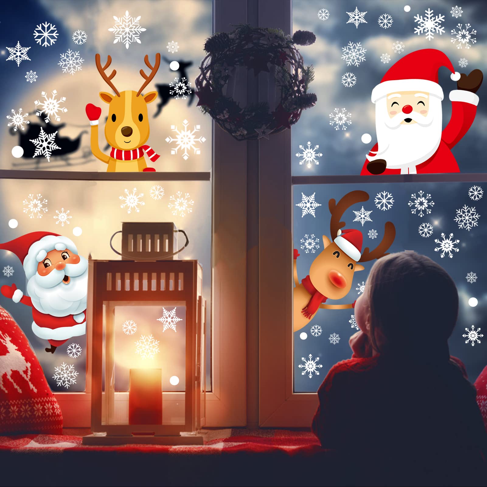 MSQ 4 Sheets Christmas Window Stickers,Window Clings Snowflake Snowman Santa Reindeer Xmas Window Stickers Kids Room DIY Christmas Decorations