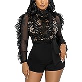 MKQW Sexy Lace Jumpsuit for Women Bodycon Long Sleeve Ruffle Mesh See Short Club Party One Piece Rompers Bodysuit