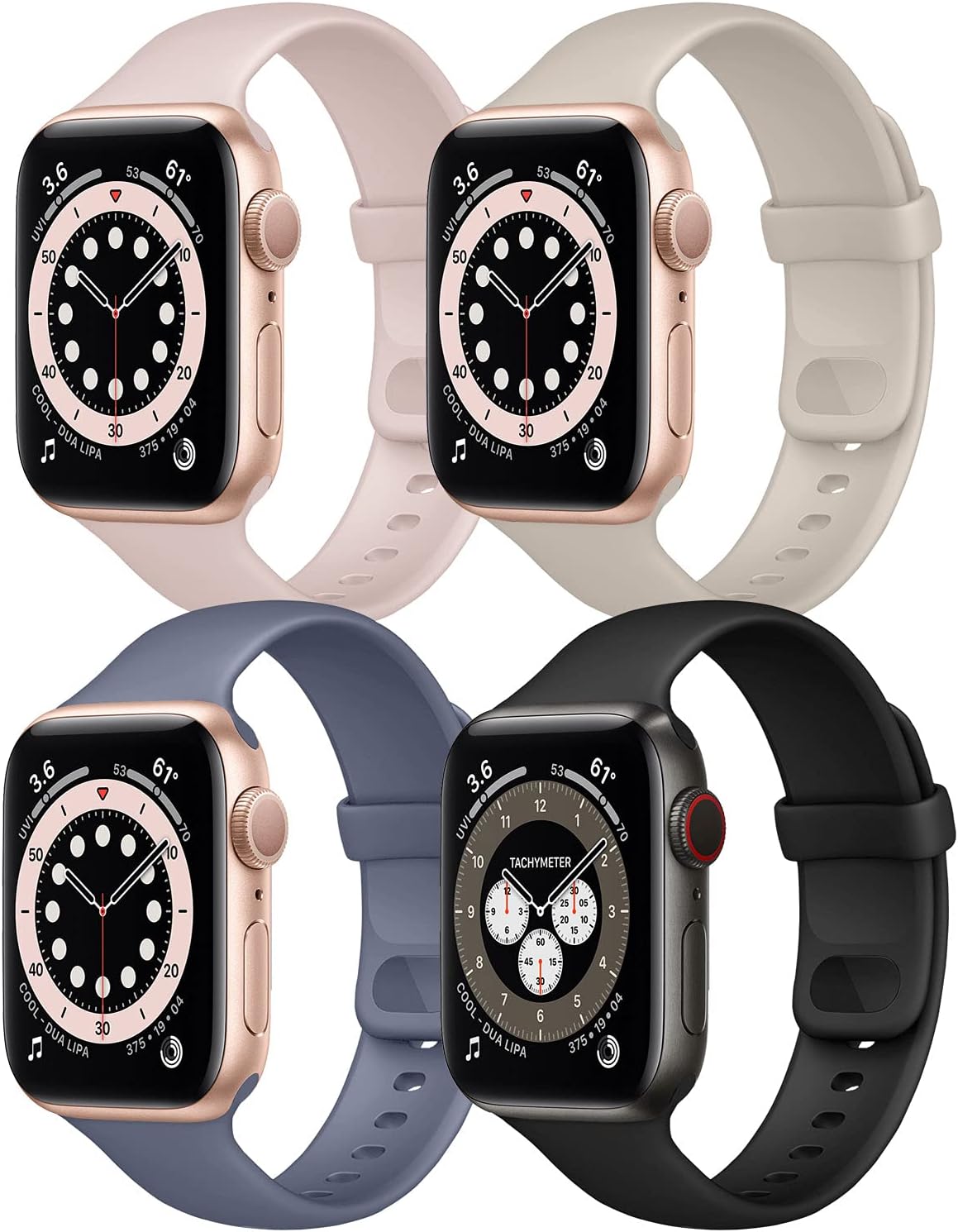 Hotflow 4 Pack Compatible with Apple Watch Bands 38mm 40mm for Women Men,Soft Silicone Sport Replacement Strap Compatible for iWatch Series SE 6 5 4 3 2 1(Black/Pink Sand/Stone/Lavender Gray,Size-S/M)