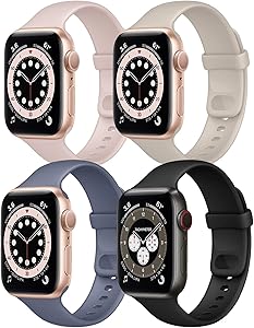 Hotflow 4 Pack Compatible with Apple Watch Bands 38mm 40mm for Women Men,Soft Silicone Sport Replacement Strap Compatible for iWatch Series SE 6 5 4 3 2 1(Black/Pink Sand/Stone/Lavender Gray,Size-S/M)