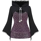 ROSE GAL Women Plus Size Gothic Punk Lace Panel Bell Sleeves Chains Hooded Strug and Textured Tank Top Set