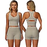 QBGJTD Women Two Piece Workout Sets Color Block Backless Tank Top and High Waist Booty Lifting Shorts Gym Yoga Active Outfits