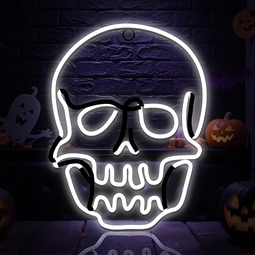 Flickering 13.5" Skull Neon Sign, 396 LED Pre-lit Skull Lights Plug in Hanging Scary Spooky Outdoor Halloween Decor for Yard, Porch, Garage, Party - Cool White　(No Constant Light)
