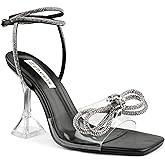 Zzheels Double Bowknots Crystal Sandals Clear Slingback Heels Square Toe Shoes for Party Wedding