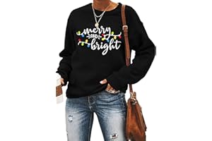 LHBNK Christmas Sweatshirt Women Merry and Bright Christmas T-Shirt Funny Xmas Lights Blouse Tops Holiday Shirts