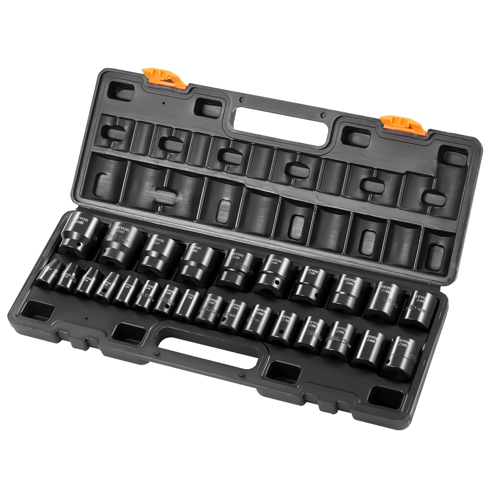 VEVOR Impact Socket Set 1/2 Inches 26 Piece Impact Sockets, Shallow Socket, 6-Point Sockets, Rugged Construction, CR-M0, 1/2 Inches Drive Socket Set Impact Metric 10mm - 36mm, with a Storage Cage Image