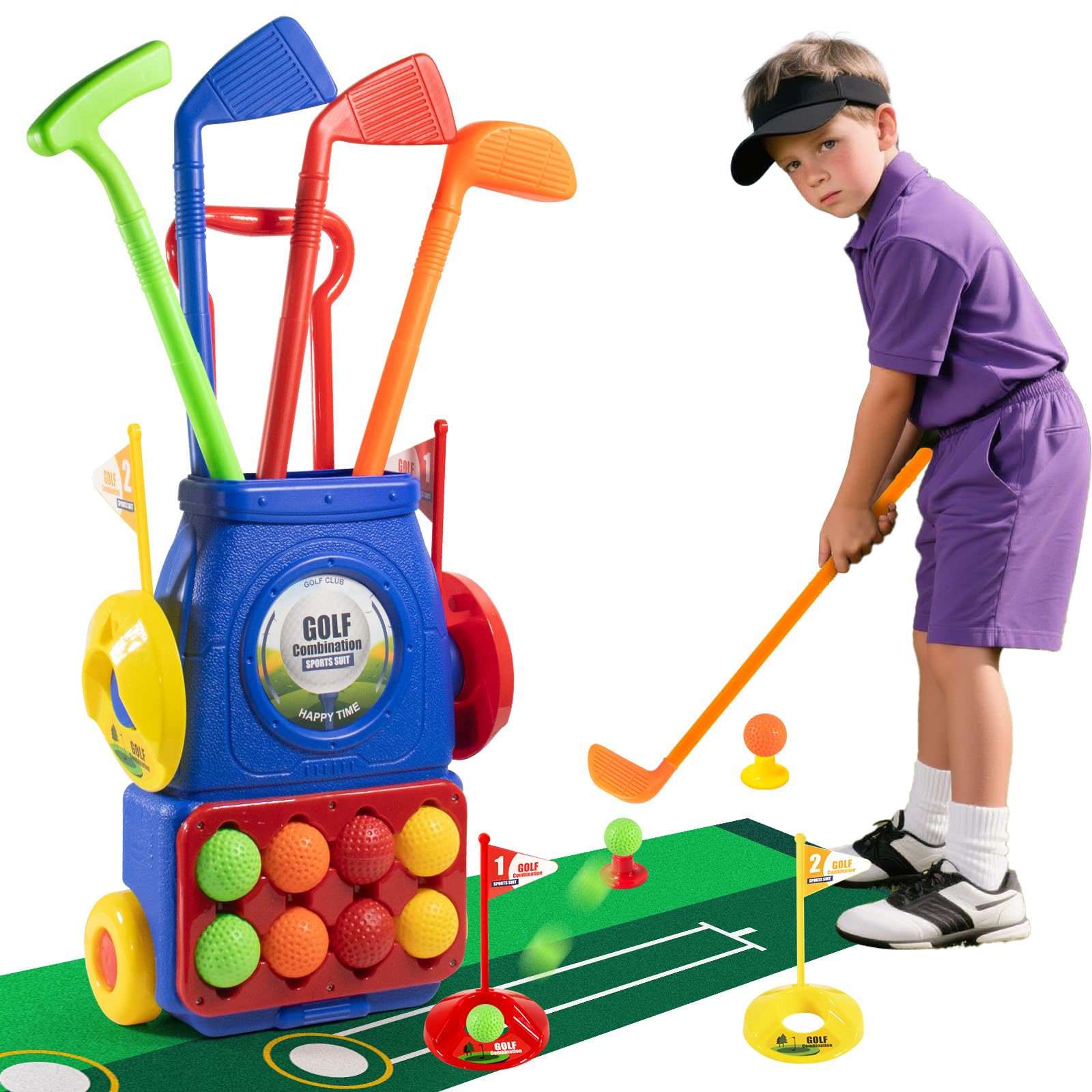 Kazaigou Toddler Golf Set, Kids Golf Clubs with Putting Mat, Toys for Boys Girls 3 4 5+ Years Old, Sports Golf Toys with 4 Clubs, 8 Balls, 2 Practice Holes, Indoor and Outdoor Golf Toys (Blue)
