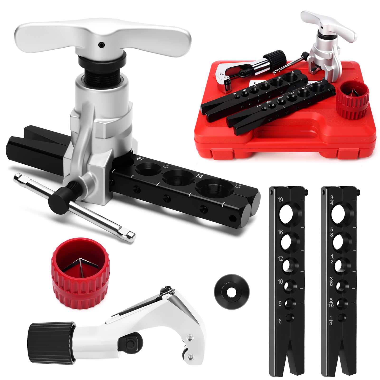 Photo 1 of faxhool Flaring Tool Kit, HVAC Pipe Expander Tool, 1/4'' - 3/4'' and 6-19mm 45° Eccentric Single Flare Tool with Tubing Cutter and Cylinder Style Deburring Tool for Copper Tube Expander