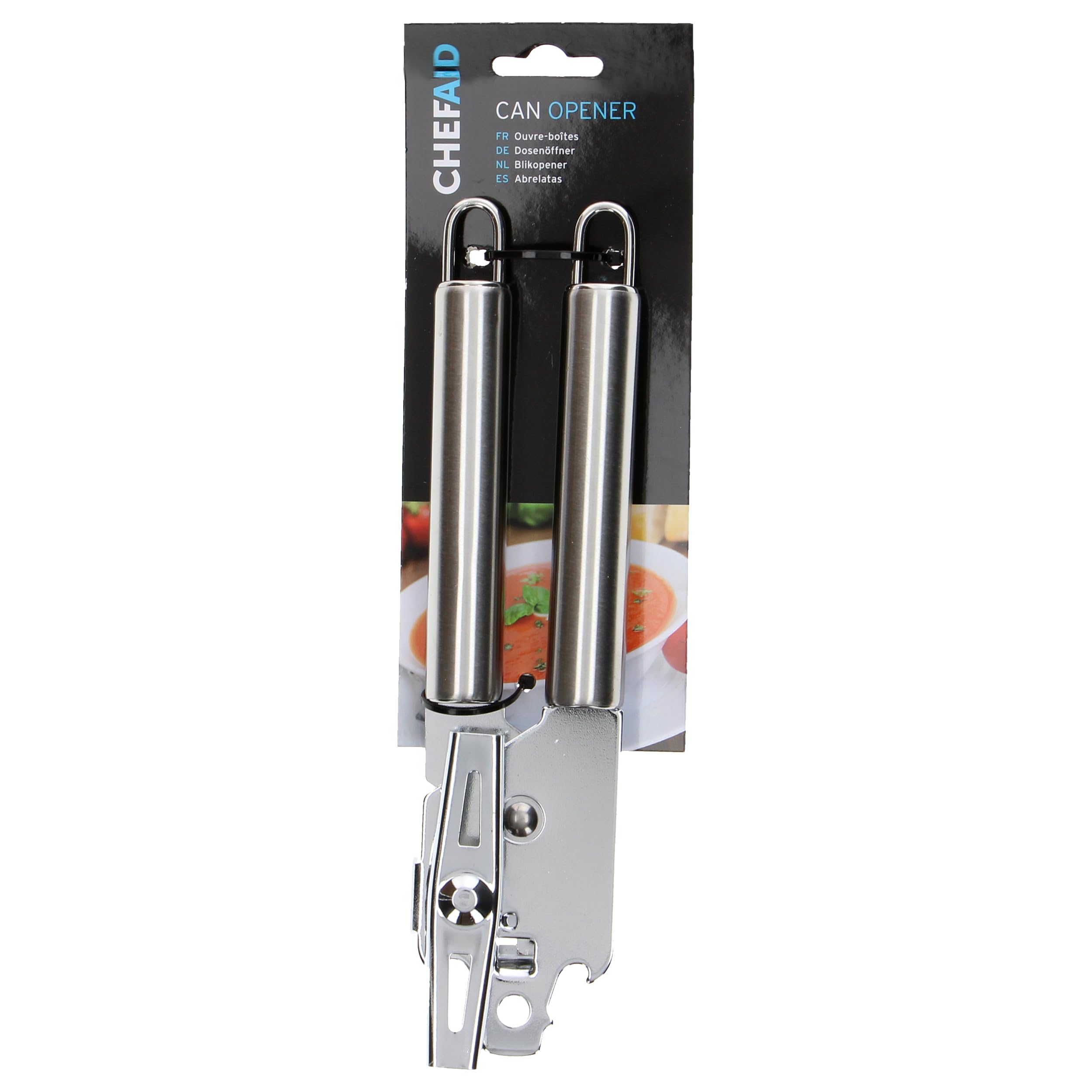 Chef Aid Can Opener, High Grade Stainless Steel Can, Tin, Jar And Bottle Opener, Manual Rotating Blade with Built in Hanging Loops - Dishwasher Safe