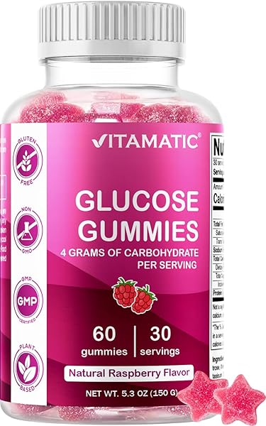 VITAMATIC GLUCOSE CHEWABLE GUMMIES – 60 COUNT – NATURAL RASPBERRY FLAVOR – 4G OF CARBOHYDRATE PER SERVING (1 BOTTLE)