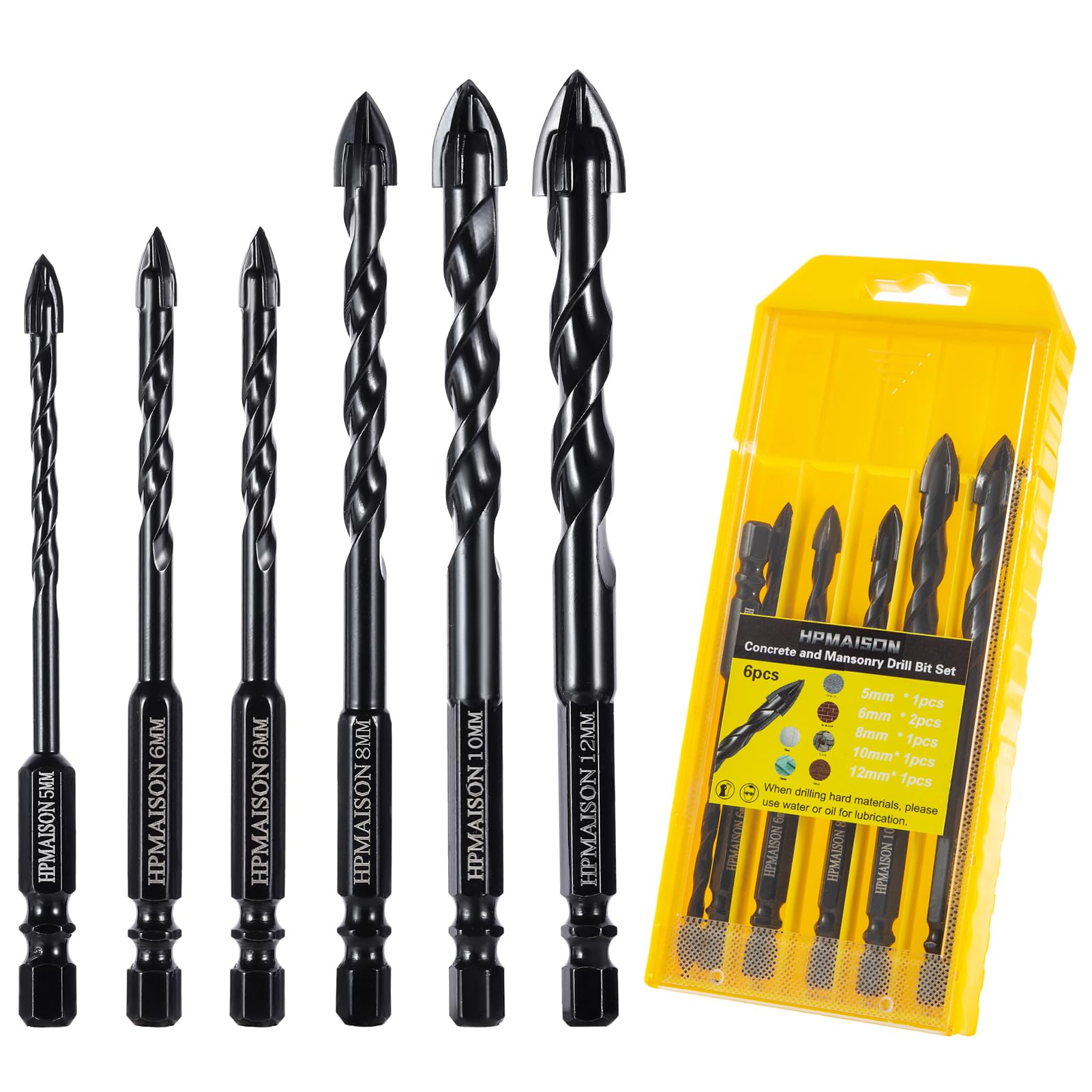 HPMAISON 6PCS Masonry Drill Bits, Tungsten Carbide Tip Concrete Drill Bit Set for Ceramic Tile, Brick Wall, Concrete, Wall Mirror, Glass, Plastic and Wood (5 6 6 8 10 12mm) — image 1