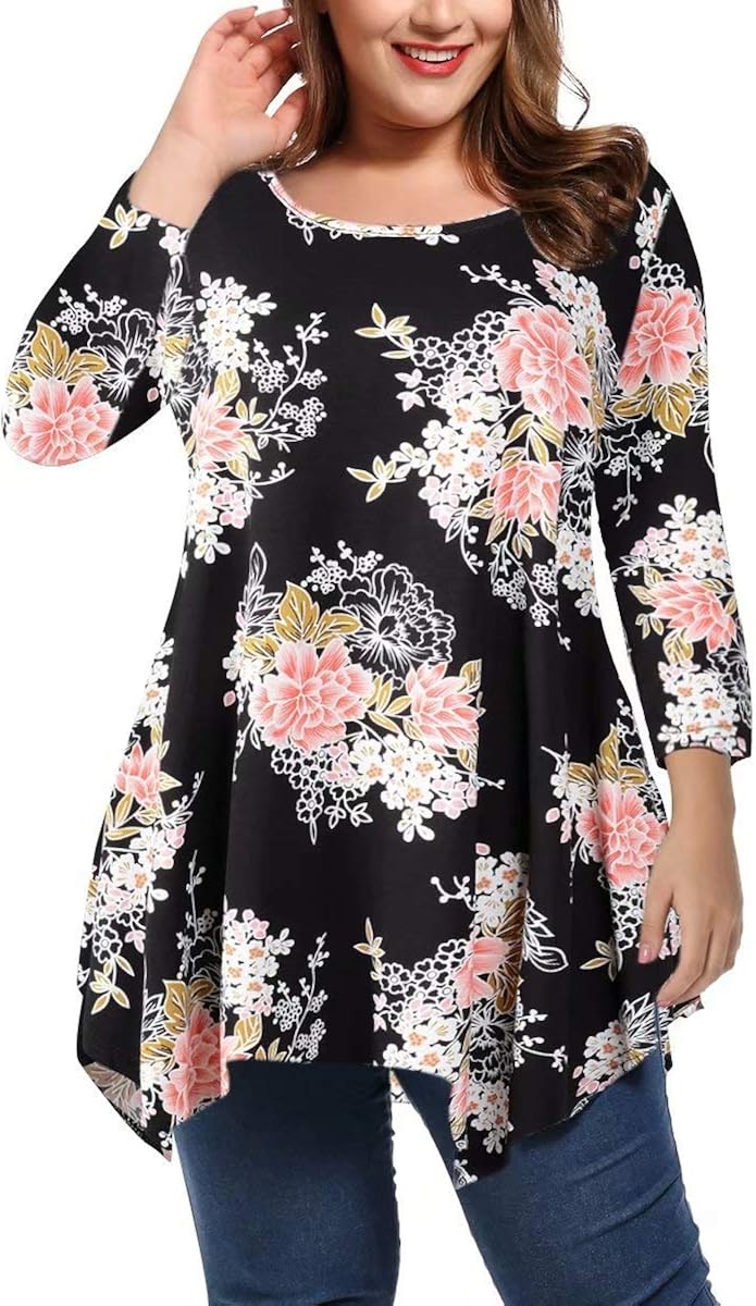 LARACE Women Plus Size 3/4 Sleeve Tunic Tops Loose Basic Shirt