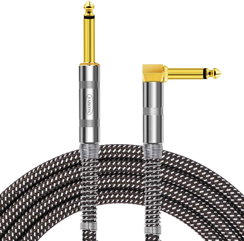 Guitar Cable, NUOSIYA Guitar Cord 20 Ft, Pro Mono Gold-Plated Plug Audio Cord, Right Angle 1/4 inch TS to Straight 1/4 inch TS, Black Gray Tweed Cloth Jacket, Universal Electric Guitar/Bass