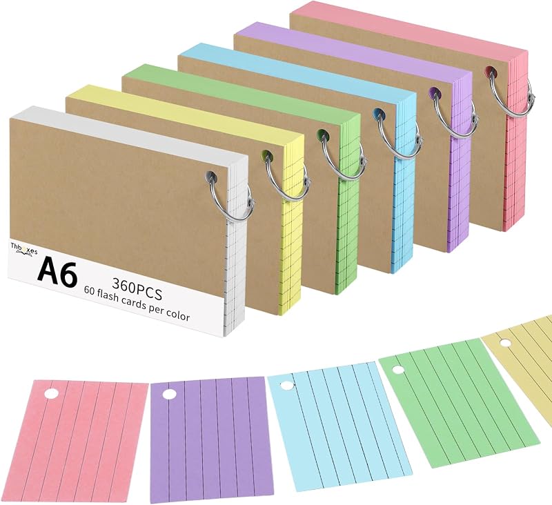Thboxes 360 Pcs A6 Ruled Index Cards with Metal Binder Ring Double-Sided