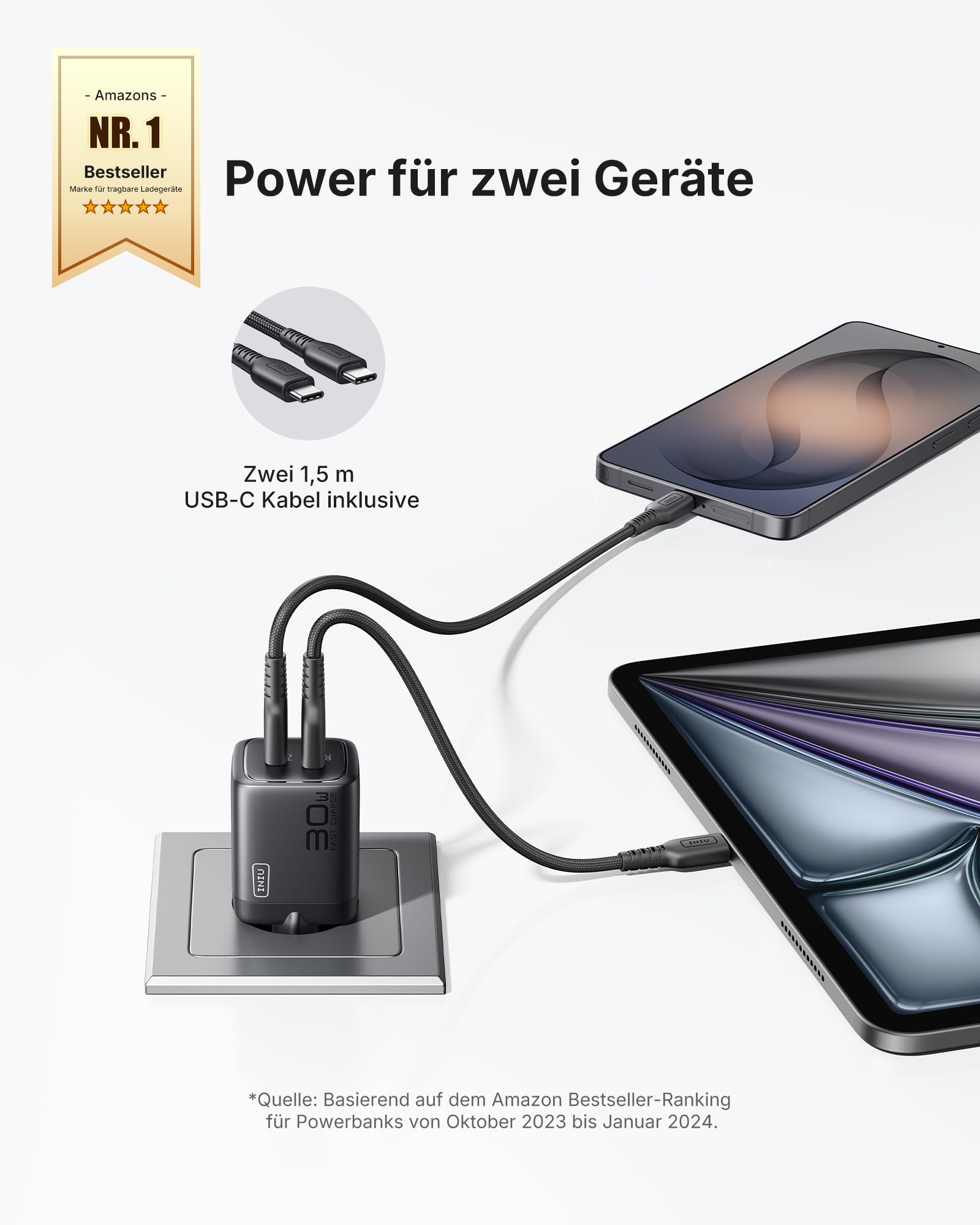 INIU 30W USB C Ladegerät, Dual-Port GaN Schnellladegerät mit 1,5m 60W Kabel 2