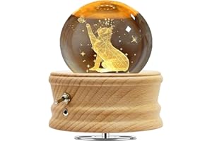 FIGERMOON 3D Crystal Ball Music Box with Projection LED Light and Rotating Wooden Base, Gift for Birthday,Valentine's Day, Music Boxes for Women Mom Daughter(Cat)