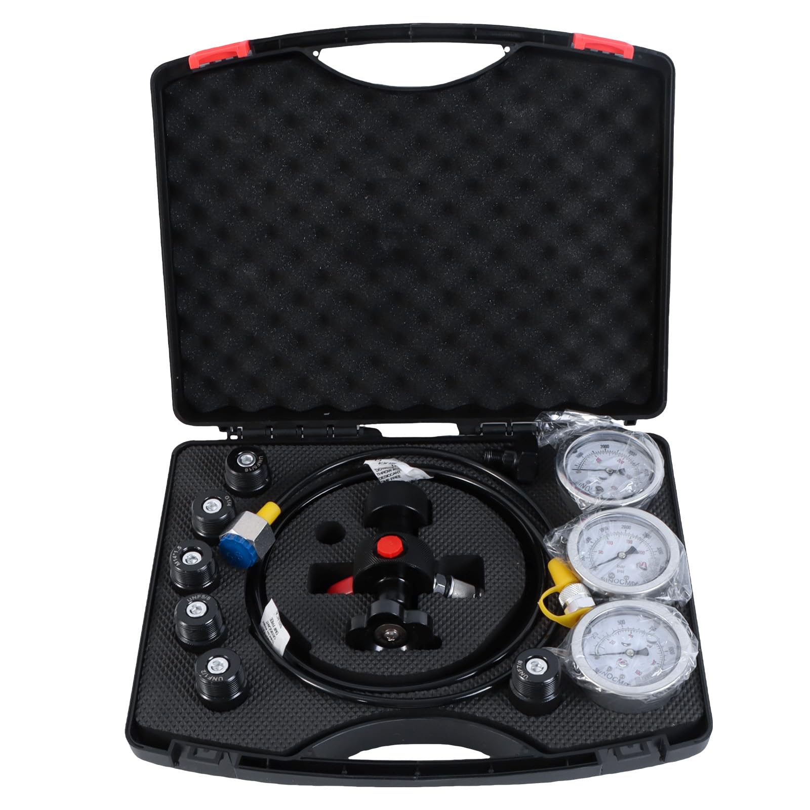 Photo 1 of SINOCMP Hydraulic Nitrogen Accumulator Test Charging Kit, Nitrogen Pressure Charge Testing Fill Kit, Diagnosis Tester System Tools Set with 3 Gauges 1500/4000/6000psi, 7 Adapters Couplings, 1 Gas Hose