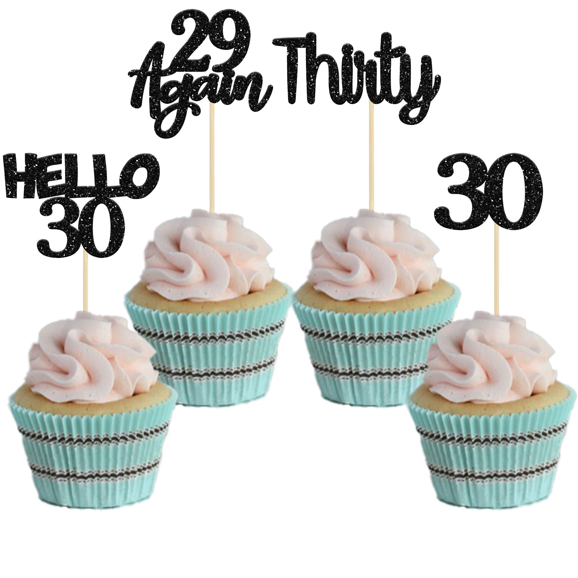 Gyufise 24Pcs Black Glitter 30th Birthday Cupcake Toppers Hello 30 Cake Decorations Again 29 Thirty Cupcake Picks for 30th Birthday Cake Decorations Supplies