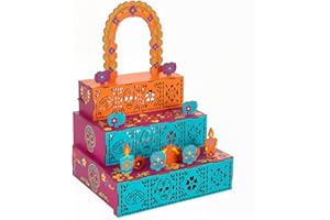 MotiMind Dia De Los Muertos Altar Ofrenda, Wooden Sugar Skull and Candle Papel Picado Day of The Dead Supplies with Photo Frame for Dia De Los Muertos Decor and Indian Diwali Decoration(Arch Style)