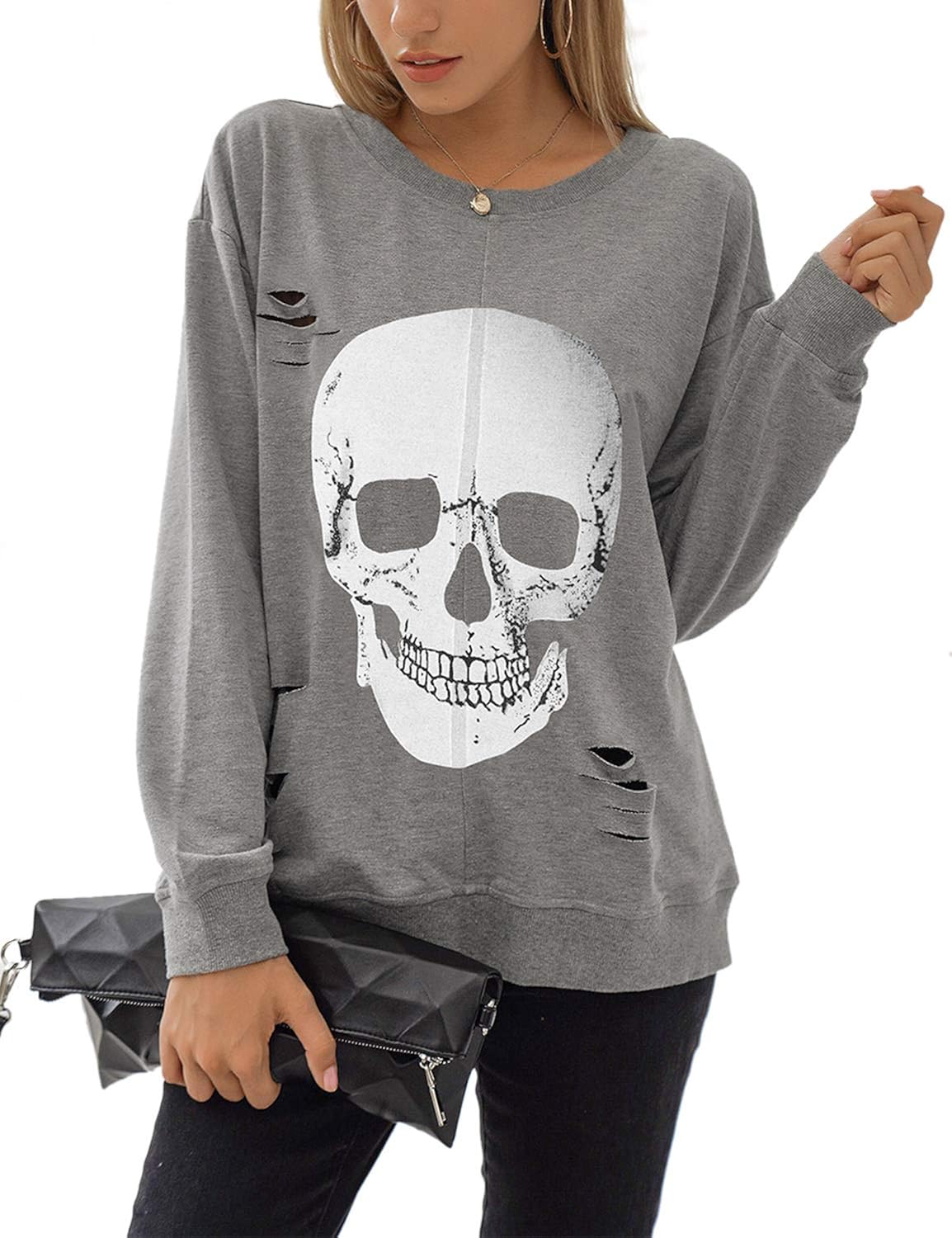 Blooming Jelly Women's Crewneck Sweatshirt Skull Graphic T Shirts Long