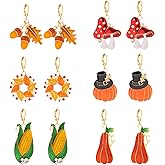 QLYOVWE Colorful Thanksgiving Earrings Set for Women 6 Pairs Fall Harvest Pumpkin Maple Leaf Pine Cone Crystal Earrings Fun Thanksgiving Holiday Themed Jewelry Gifts