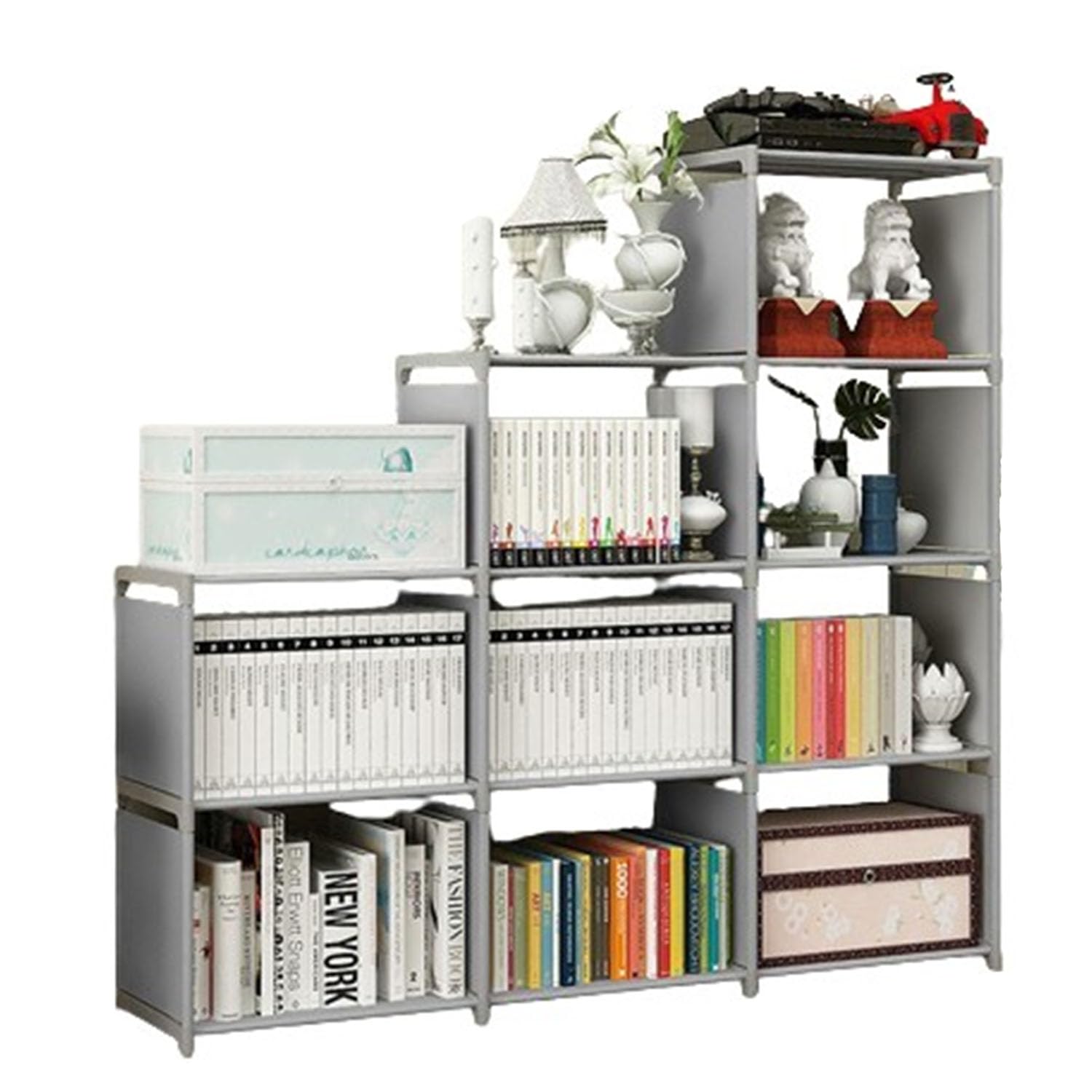 Cube Storage Unit With 9 Compartments, Open Book Shelf Organiser for Family Study, Living Room Shelves for Books, Shoes, Toys, Clothes and Tools (Grey)