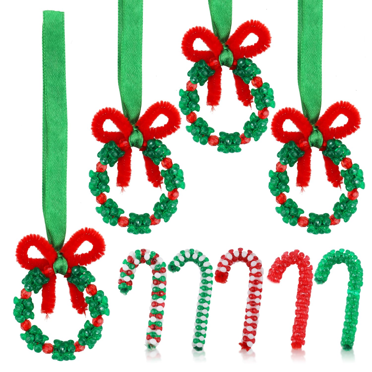 PEUTIER Christmas Crafts for Kids Adults, Beaded Ornament Kit Including 1430pcs Tri Round Beads Ribbons Making Wreath Candy Cane for Xmas Decoration Party Supply