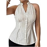 MakeMeChic Women's Striped Halter Neck Notched Blouse Button Down Sleeveless Dressy Tops
