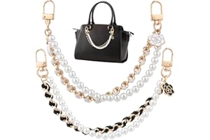 HINZIC 2Pcs Pearl Purse Chain Extender 10inch Black Gold Handbag Straps Cute Flower Metal Shoulder Crossbody Bags Short Handle Replacement Charms Accessories for Women