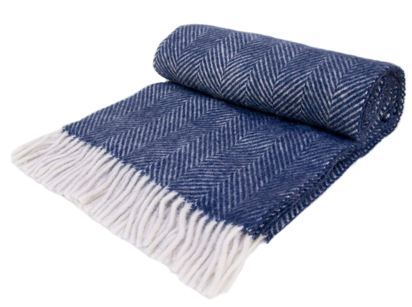 Herringbone - Pure New Wool - Knee Rug Throw Small Blanket - Navy- British Made by Tweedmill Textiles
