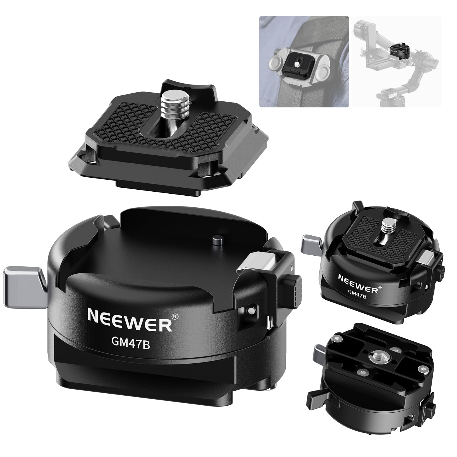 Photo 1 of NEEWER GM47B Quick Release Plate Kit, Anti Twist Auto Lock Square QR Camera Tripod Mount Adapter & Clamp Base Compatible with Arca Swiss DJI Ronin RS 4 Pro RS 3 RS 2 Peak Design Capture V3 Camera Clip