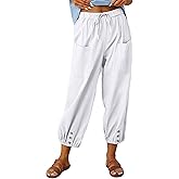 HangNiFang Cotton Linen Capri Pants for Women High Elastic Waisted Drawstring Cropped Pants with Pockets
