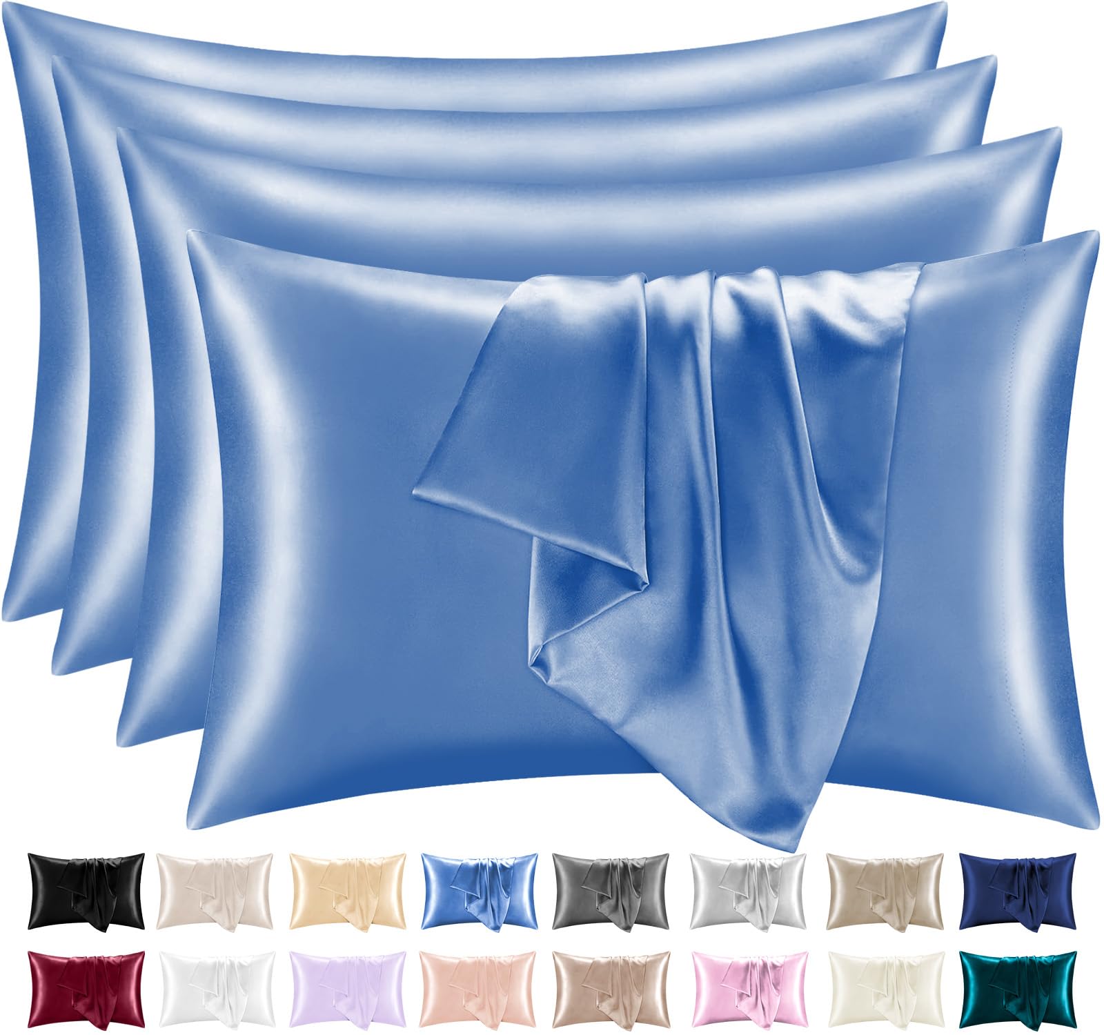 Lazzaro Satin Silk Pillowcases for Hair and Skin - Hypoallergenic Silk Pillow Cases 4 Pack with Envelope Closure - Ultrasoft Standard Size Airy Blue Silk Pillowcases (50 x 75 cm)