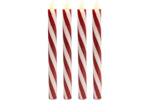 Flickering Candy Cane Striped Flameless Tapered Christmas Candles - 9.5" - Red and White - Set of 4