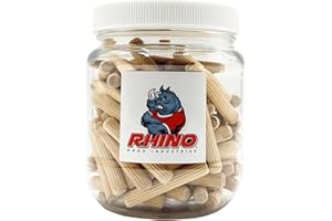 Rhino Wood Industries - 1/4" x 1 1/2" - 100 Pack Wooden Dowel Pins in Plastic Jar - Kiln Dried, Fluted, and Beveled (1/4" x 1 1/2", 100pk, Jar)