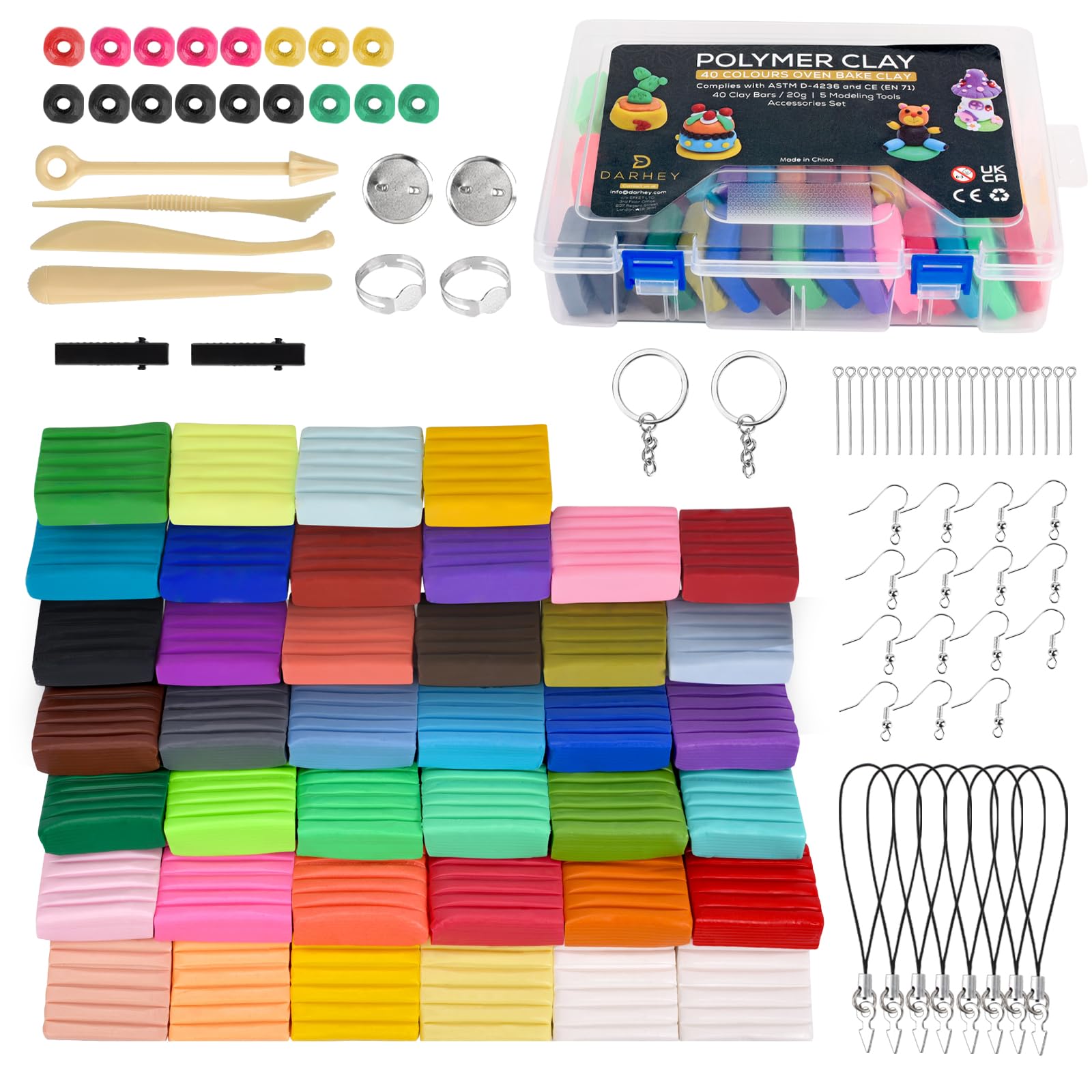 DARHEY Polymer Clay Set of 40 Multicolour Nontoxic Soft Modelling Clay for Kids | with Tools, Accessories, User Manual and Storage Box - Premium DIY Gift