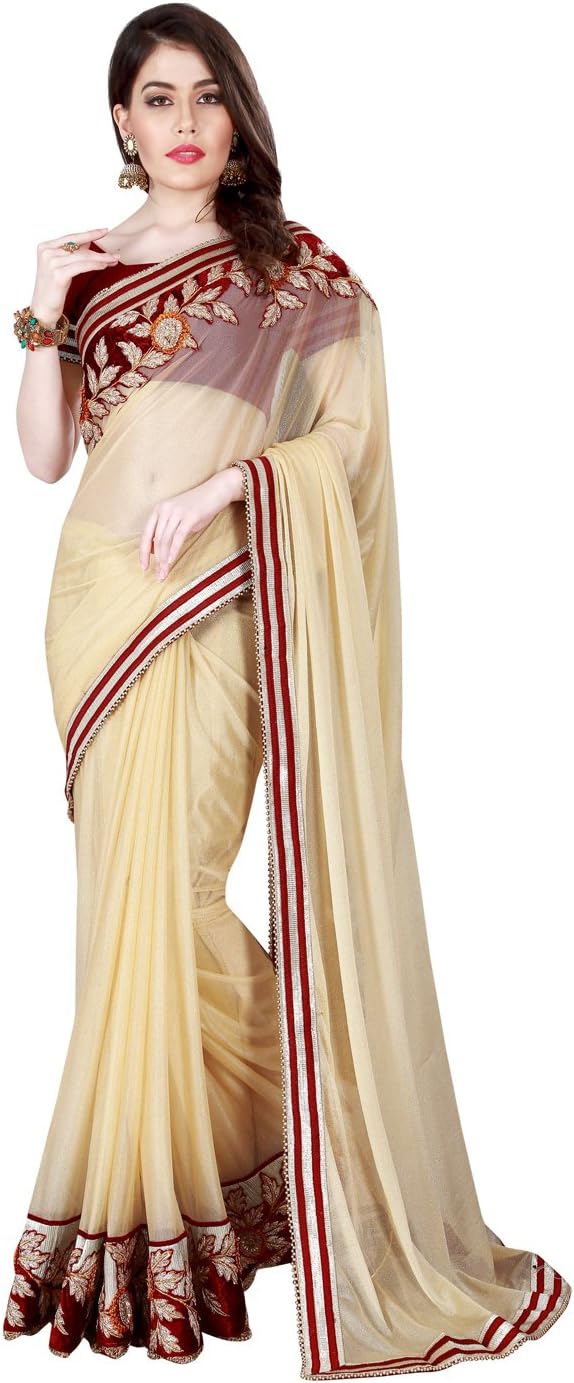 Mahotsav Women's Georgette Saree With Unstitched Blouse Piece (9525_Cream & Maroon)