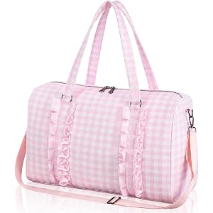 Klyyo Clyro Pink Gingham Travel Duffel Bag Girls Duffle Bag with Ruffles Cute Pink Gingham Workout for Workout Travel Weekend