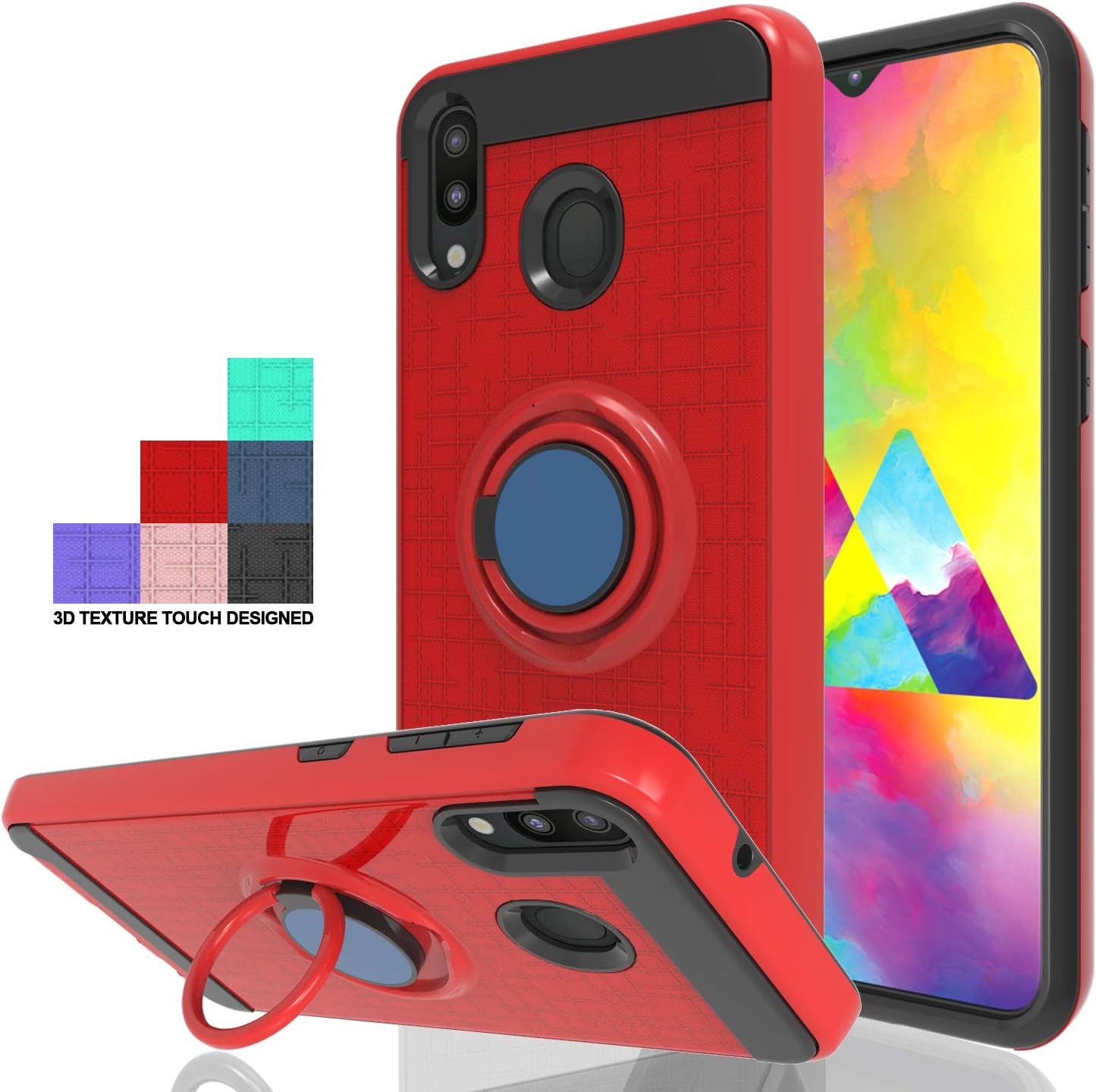 Wtiaw:Galaxy M20 Phone Cases,Galaxy M20 Case,Galaxy M205 Case,360 Degree Rotating Ring Kickstand [TPU+PC Material] Hybrid Dual Layer Defender Case for Galaxy M20/ SM-M205F/SM-M205G-CH Red