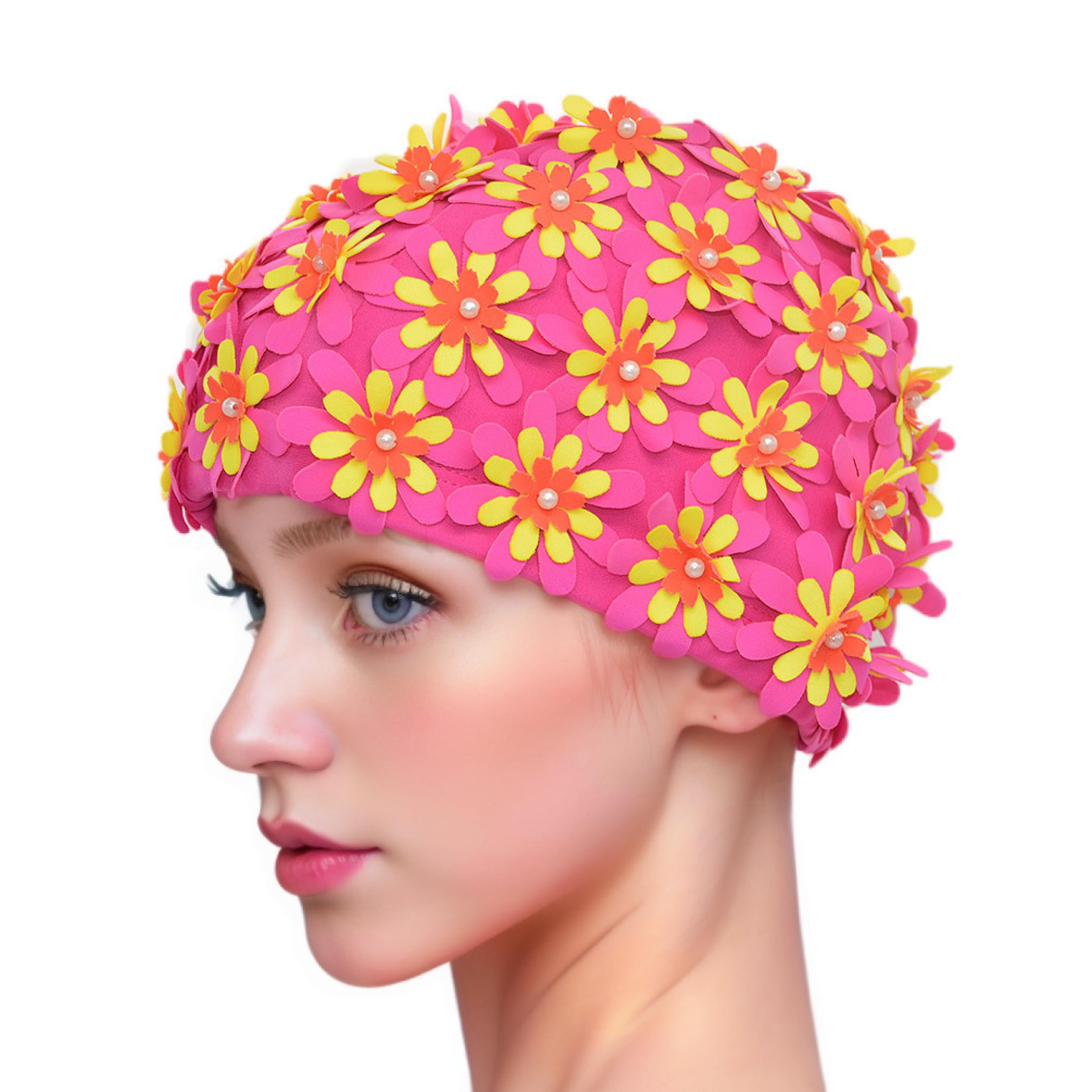 Medifier Swim cap Floral Petal Retro Style Bathing Caps for Women Rose Pink