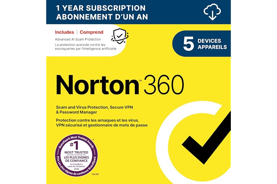 Norton 360 2026, Antivirus software for 5 Devices – Includes Advanced AI Scam Protection, VPN and PC Cloud Backup [Download]