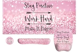 Anyshock Pink Mouse Pad Wrist Support, Keyboard Wrist Rest, Desk Mat, 4 in 1 Gaming Desk Pad Large with Coaster Set, Non-Slip Ergonomic Keyboard Pad XXL for Home Office Women, Stay Positive