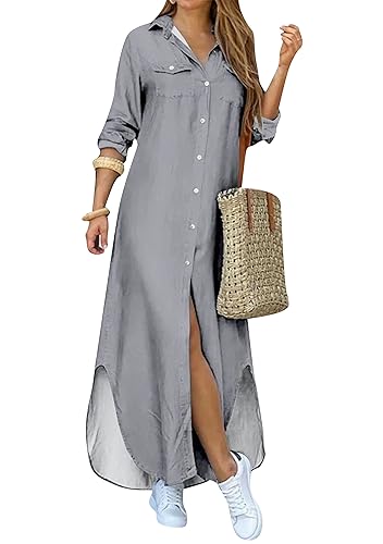 DIACACY Woman Button Down Floral Print Long Sleeve Dress Lapel Collar Loose  Side Slit Dresses for Women Grey 2XL in Dubai - UAE | Whizz Casual