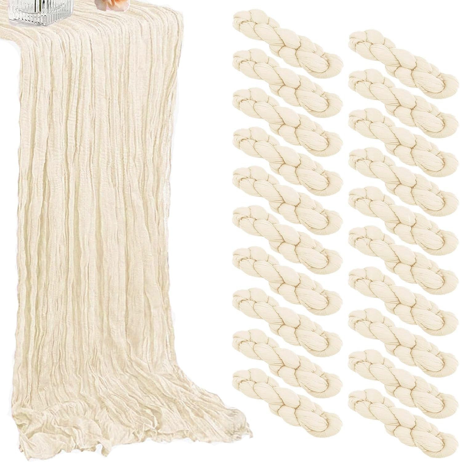 Photo 1 of 20 Pack Beige Cheesecloth Table Runners 35 x 71 Inch – Rustic Boho Gauze Table Runner for Wedding Arch, Party Decoration, Bridal Shower, Reception, Farmhouse Dining Decor